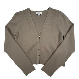 Magaschoni Ribbed Knit Cropped Cardigan Women's XL Khaki Minimalist Retro